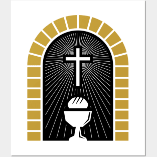 Christian illustration. Cross, holy chalice and bread. Posters and Art